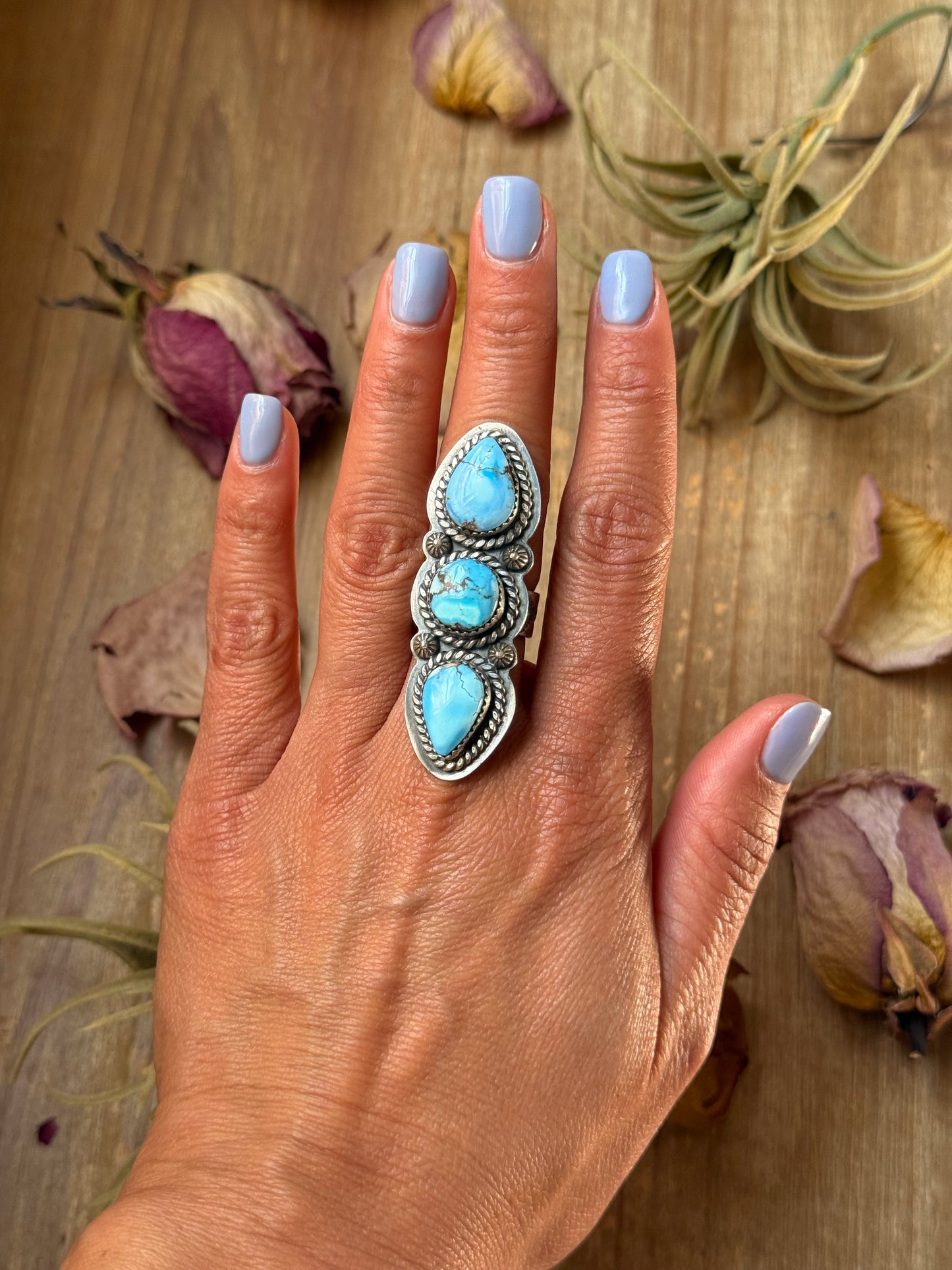 Sterling silver adjustable ring with Golden Hill Turquoise, handmade in New Mexico, stamped Sterling, artist unknown, one of a kind