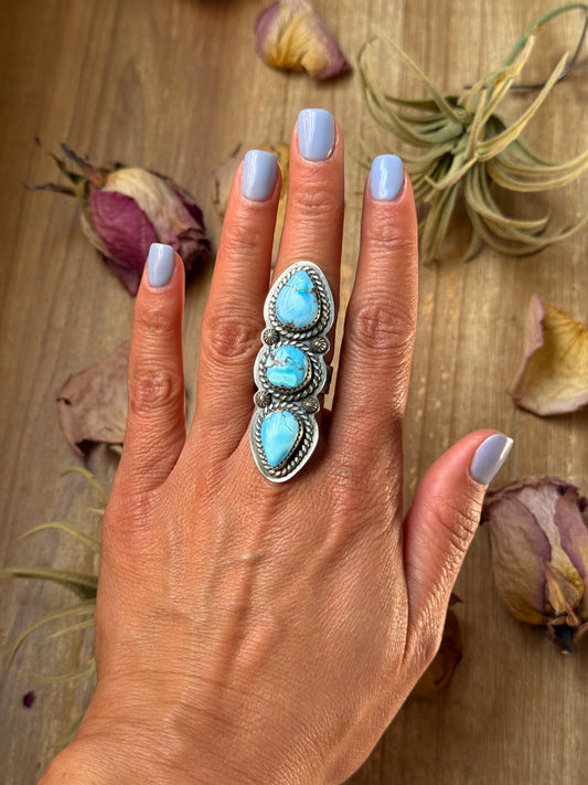 Sterling silver adjustable ring with Golden Hill Turquoise, handmade in New Mexico, stamped Sterling, artist unknown, one of a kind