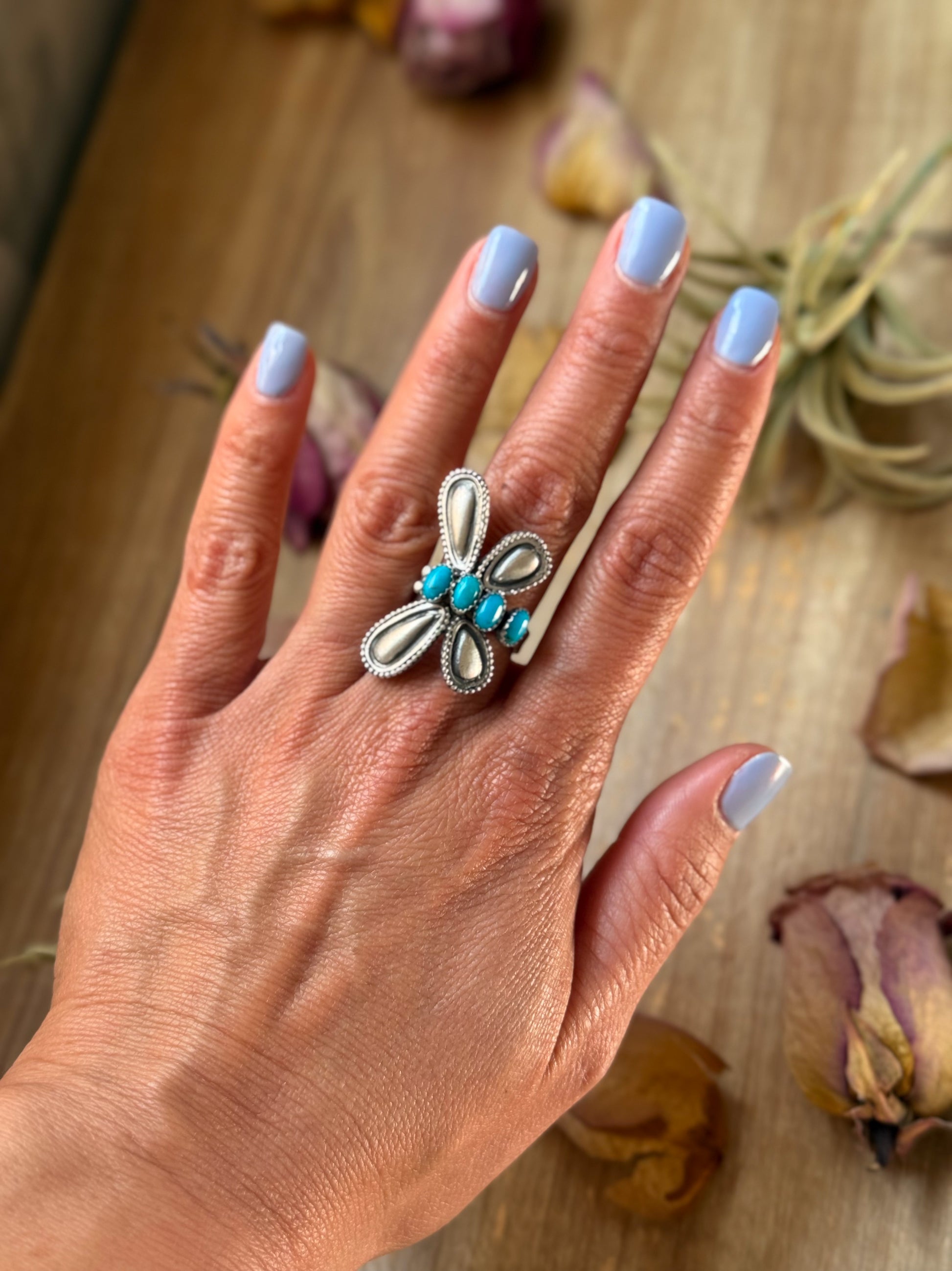 Sterling silver butterfly ring with Kingman Turquoise, adjustable size, signed by Native artist, stamped Sterling, handmade in USA, one of a kind