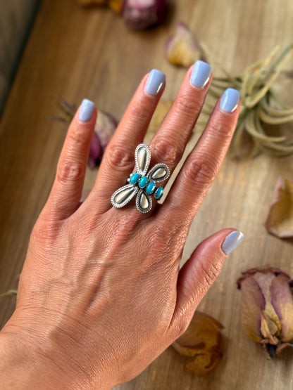 Sterling silver butterfly ring with Kingman Turquoise, adjustable size, signed by Native artist, stamped Sterling, handmade in USA, one of a kind
