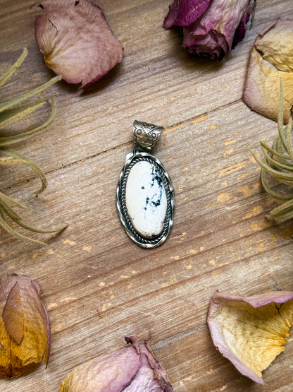 Sterling silver White Buffalo pendant, 2.5 inches long, fits 8 mm beads, handmade in New Mexico, USA made, one of a kind