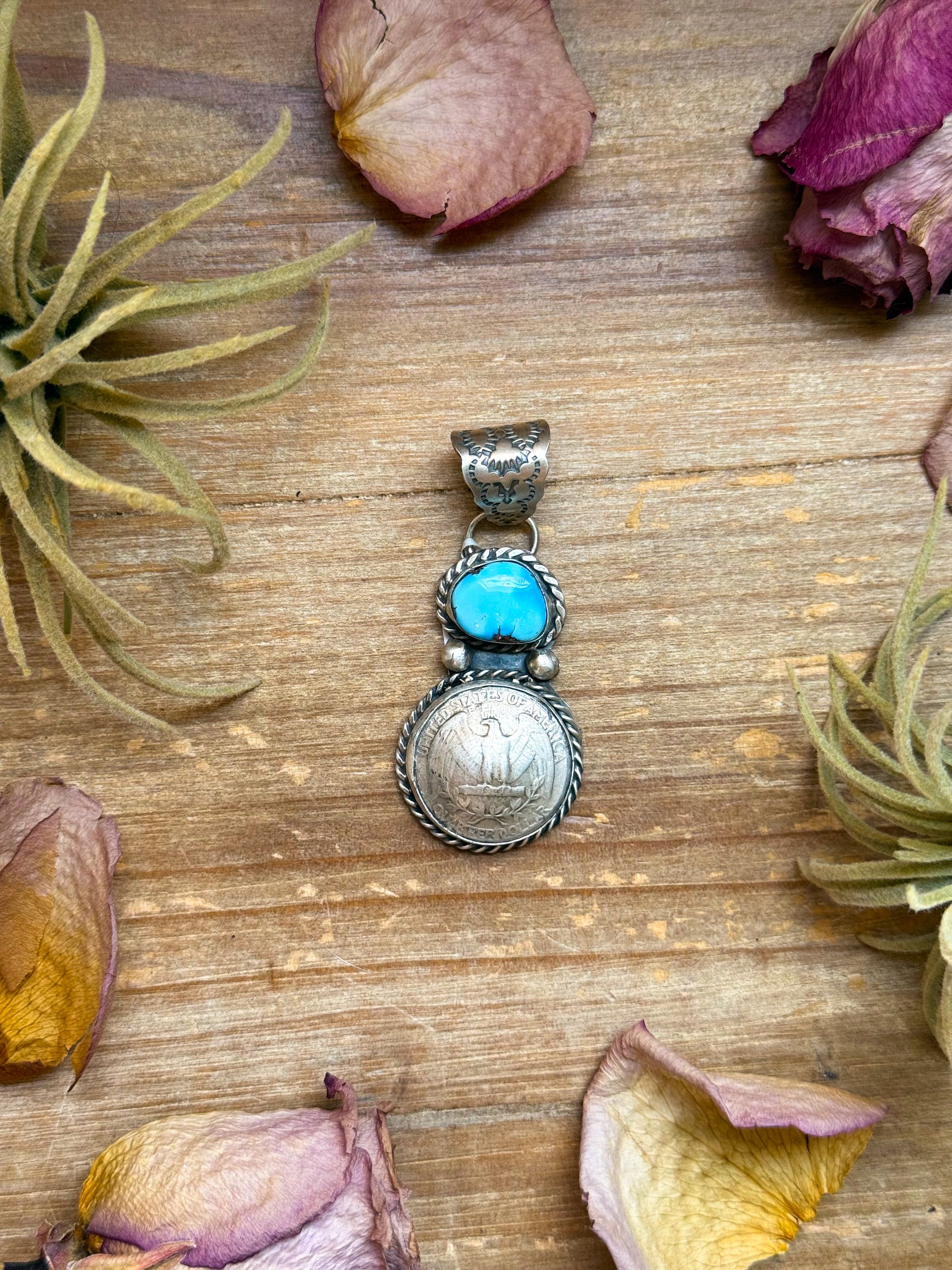 Sterling silver pendant with Golden Hill Turquoise and coin accent, 2.5 inches long, 1.25 inches wide, handmade by artist Gilbert Nez, fits 10 mm beads, USA made