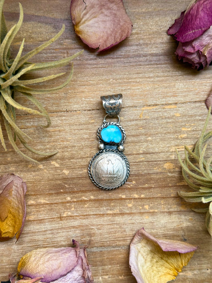 Sterling silver pendant with Golden Hill Turquoise and coin accent, 2.5 inches long, 1.25 inches wide, handmade by artist Gilbert Nez, fits 10 mm beads, USA made