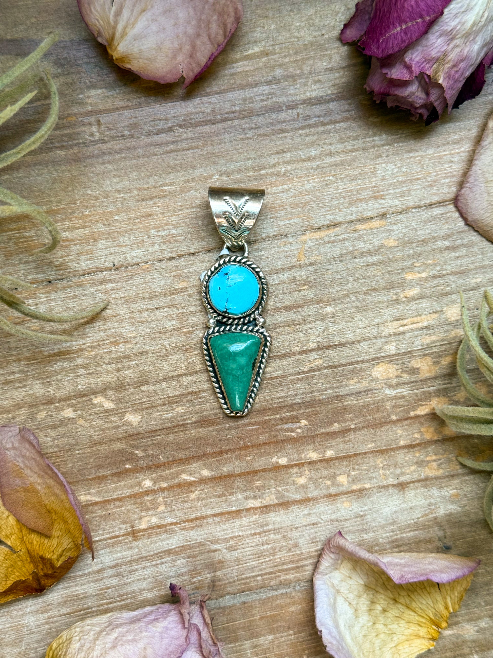 Sterling silver pendant with Golden Hill and Green Turquoise, 2.5 inches long, fits 12 mm beads, handmade in USA, one of a kind