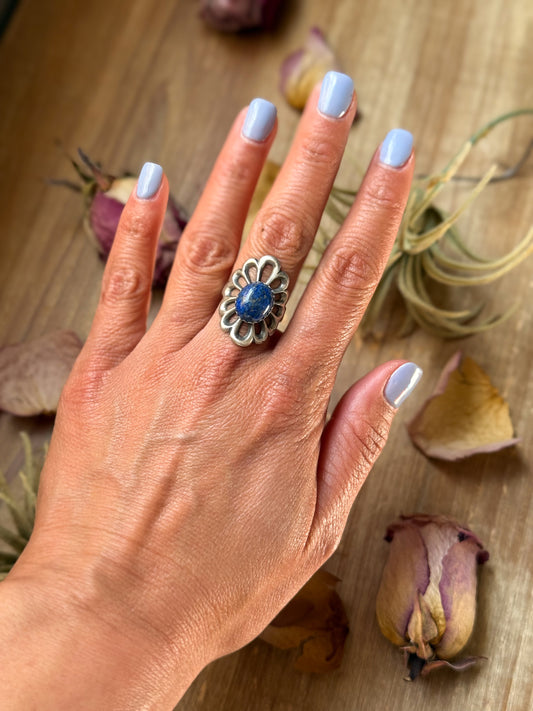 Sterling silver lapis ring size 7.5 handmade by Native artist, stamped Sterling, one of a kind, USA made
