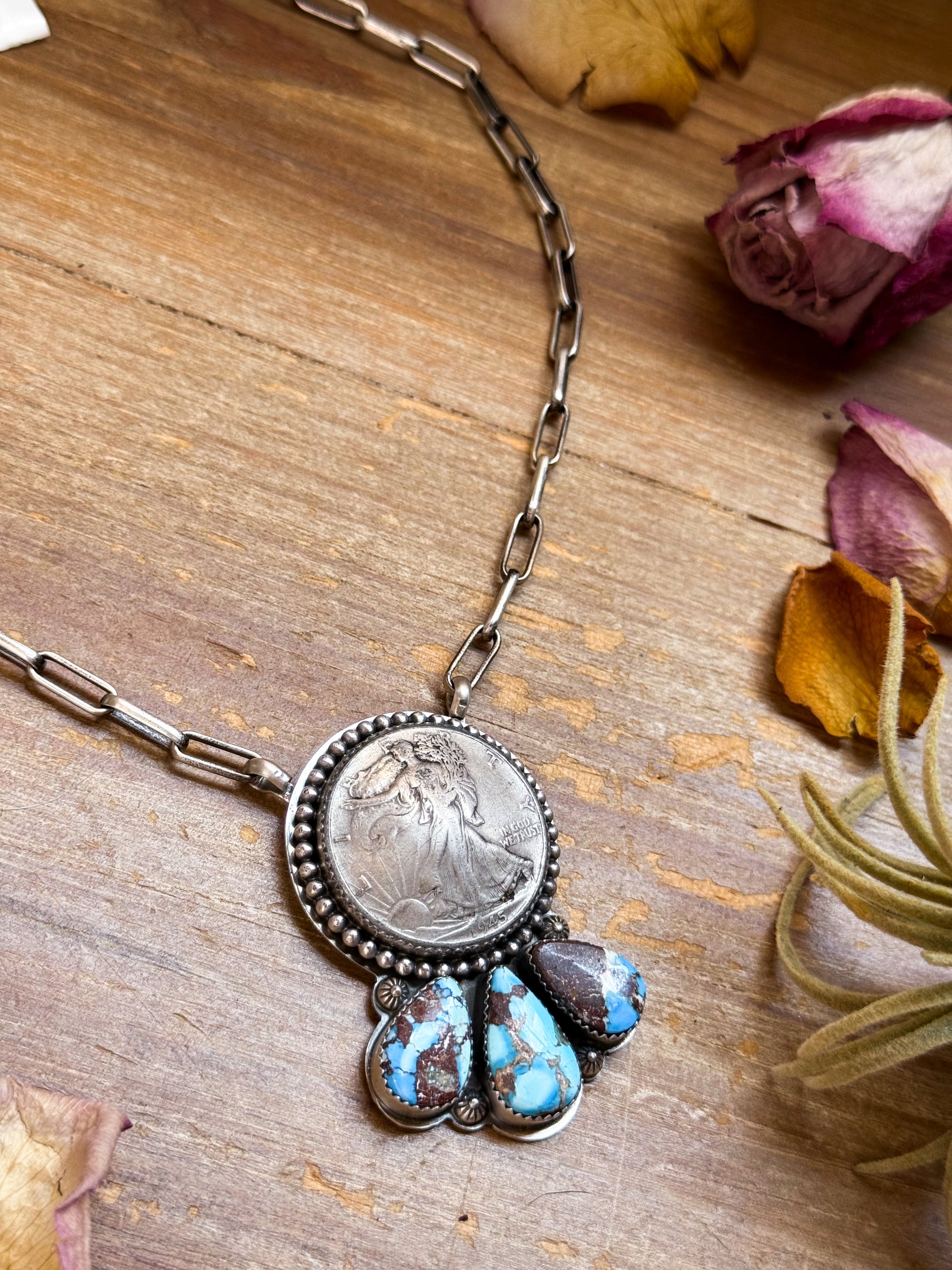 Sterling silver Liberty coin necklace with 3 Golden Hill Turquoise stones, 16 inches, 1945 coin pendant, handmade in New Mexico, one of a kind