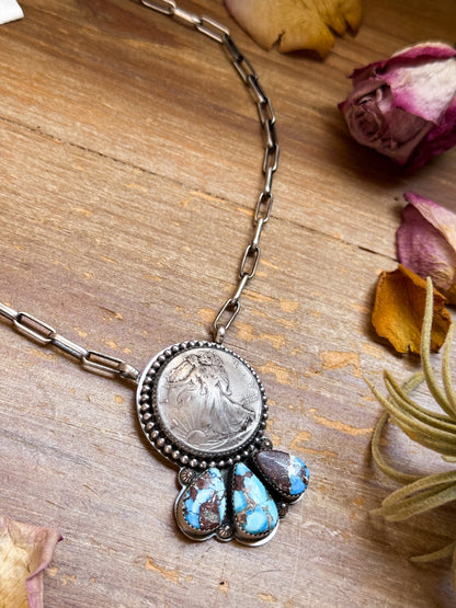 Sterling silver Liberty coin necklace with 3 Golden Hill Turquoise stones, 16 inches, 1945 coin pendant, handmade in New Mexico, one of a kind