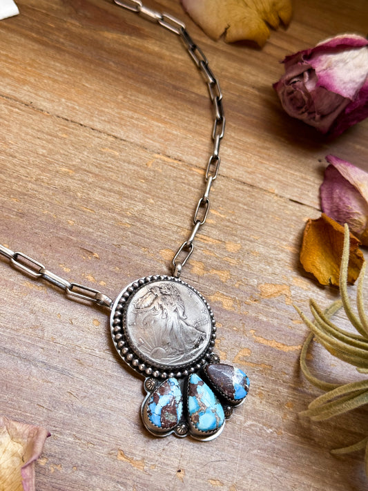 Sterling silver Liberty coin necklace with 3 Golden Hill Turquoise stones, 16 inches, 1945 coin pendant, handmade in New Mexico, one of a kind