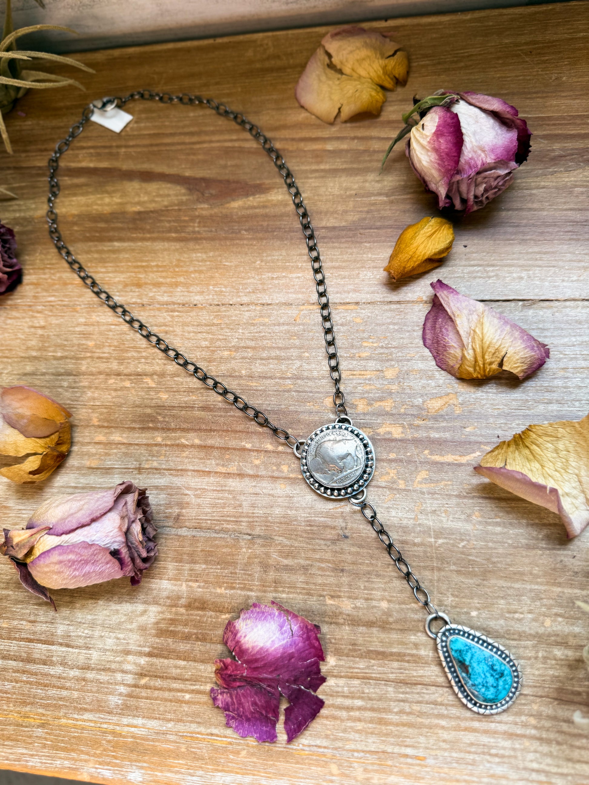 Sterling silver Buffalo coin and Kingman Turquoise lariat necklace, 18 inches with 3.5-inch drop, handmade by artist Gilbert Nez, stamped Sterling, USA made
