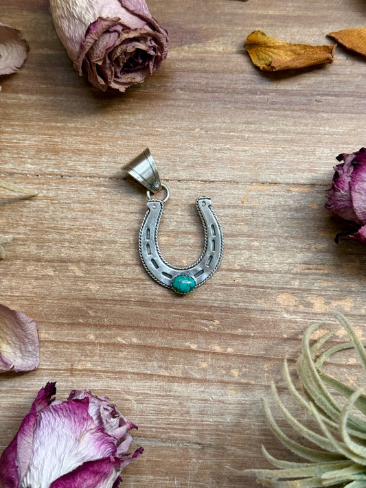 Sterling silver Native-made horse pendant with turquoise, fits 8 mm pearls, stamped Sterling, one of a kind, USA made