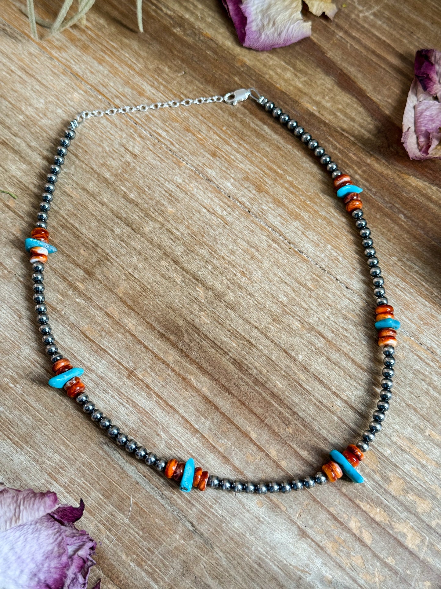 Sterling silver pearl necklace with Orange Spiny Oyster and Sleeping Beauty Turquoise chips, 14.5 inches plus 2-inch extender, handmade by The Bijoux FAB, USA made