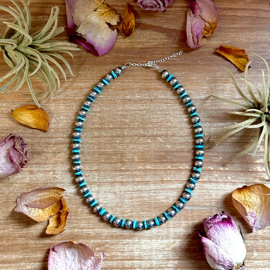 15-inch turquoise blue rondelle necklace with 8 mm and 10 mm beads, handmade by The Bijoux FAB, USA made