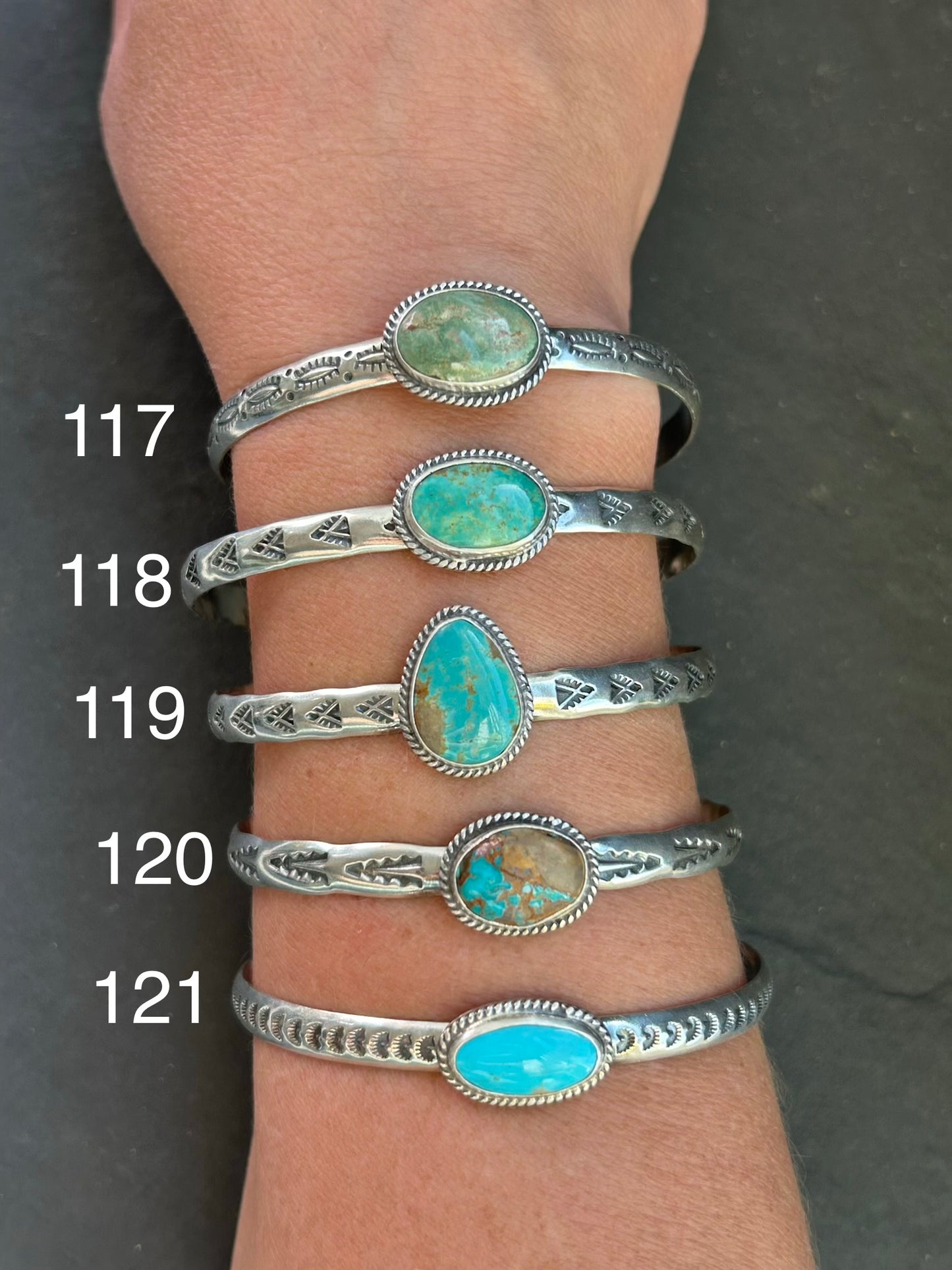 Sterling silver stamped stacking cuff with Kingman turquoise by Texas artist Jason Ogg

