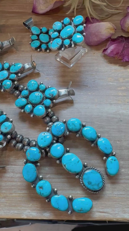 Complete Squash Blossom Set – Kingman Turquoise – Sterling Silver – Navajo Made by Wilson Dawes