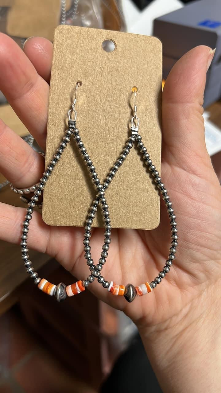 3 mm teardrop earrings Sterling Silver Pearls with orange spiny