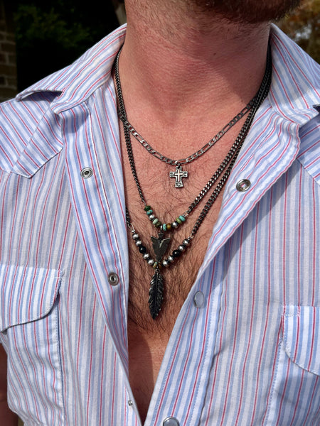 Men black chain with feather and real turquoise
