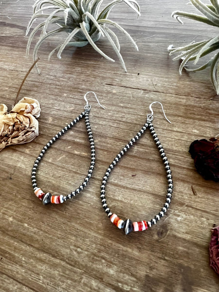 3 mm teardrop earrings Sterling Silver Pearls with orange spiny