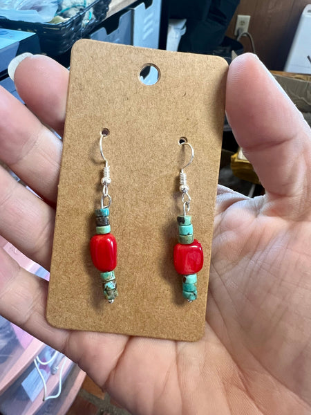 Green turquoise dangle earrings with red corral