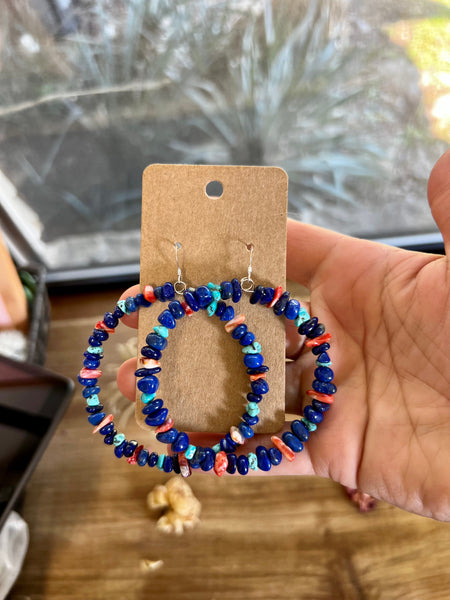 Lapis hoop earrings with spiny oyster and turquoise