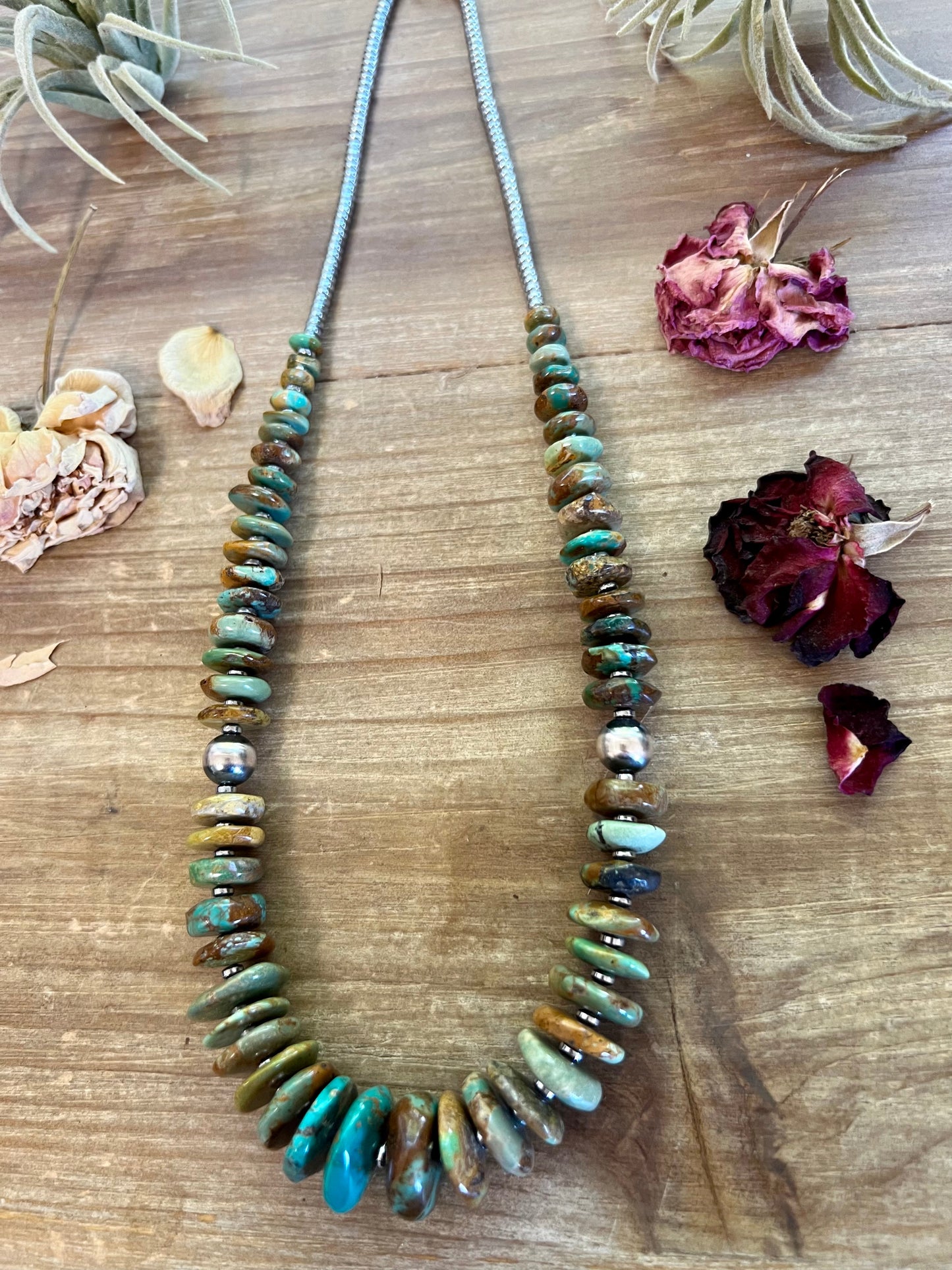 22-inch turquoise gemstone necklace with silver hematite beads