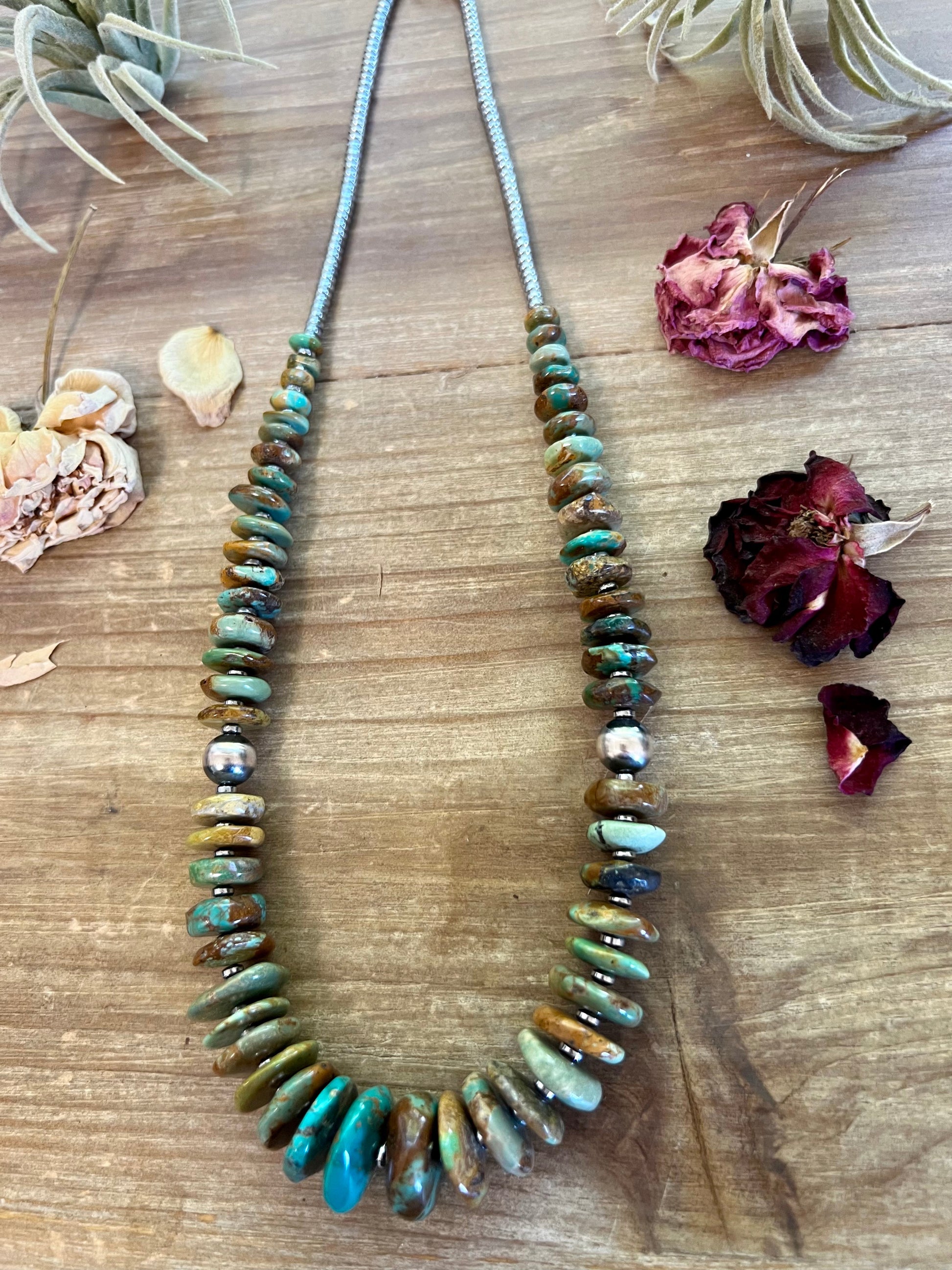 22-inch turquoise gemstone necklace with silver hematite beads