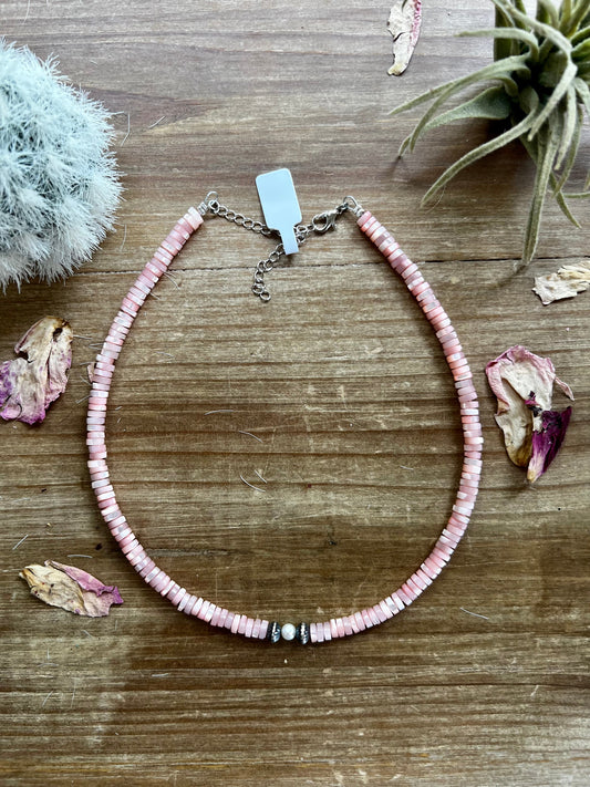 Pink shell choker with pink fresh water pearl and Sterling Silver pearls