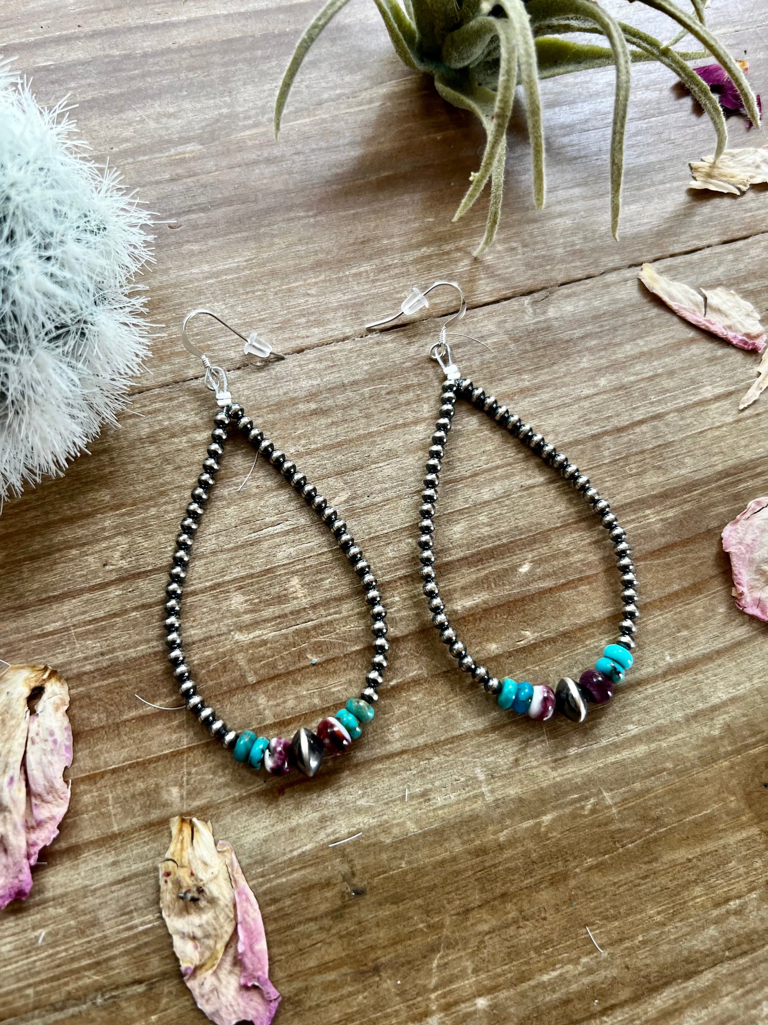 3 mm teardrop earrings Navajo pearl with turquoise and purple spiny