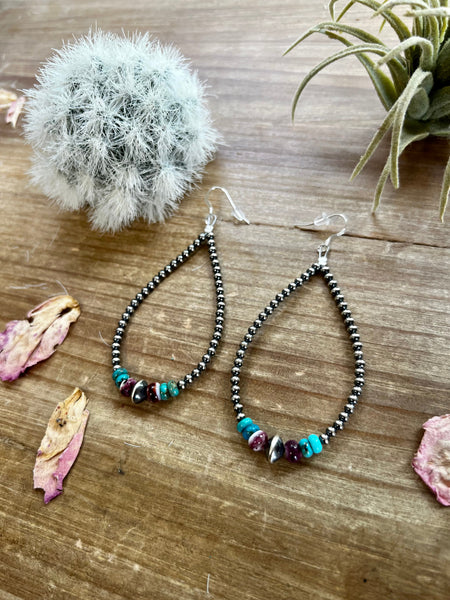 3 mm teardrop earrings Navajo pearl with turquoise and purple spiny