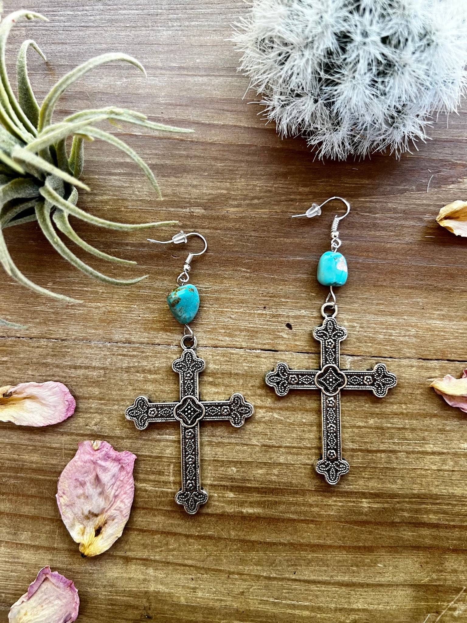 Cross earrings with real turquoise