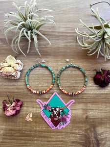Fall look : Real turquoise hoop earrings with spiny oyster and Navajo