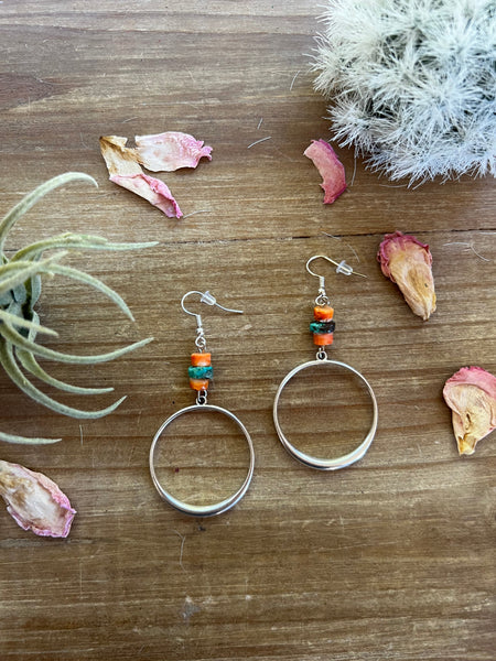 Fall mini hoop - real turquoise and spiny oyster earrings