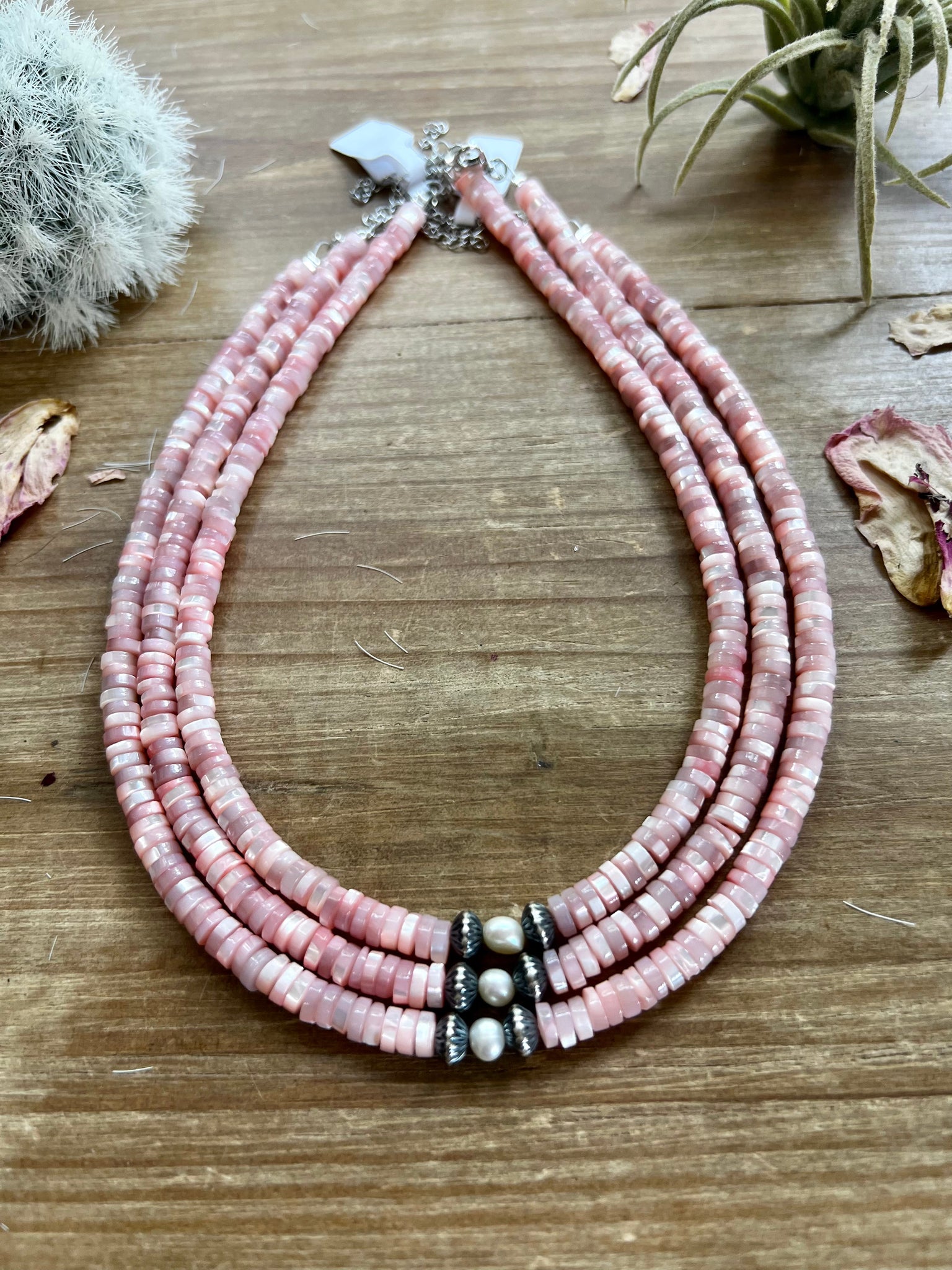 Pink shell choker with fresh water pearl and Navajo