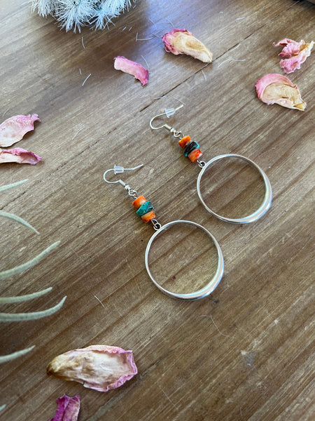 Fall mini hoop - real turquoise and spiny oyster earrings